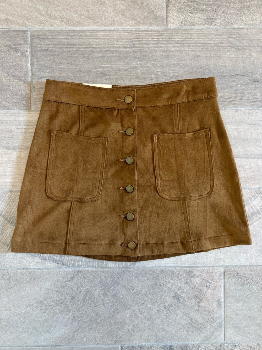 Altar’d State Faux Suede Button Front Mini Skirt Caramel Brown Pockets Fall S - Picture 2 of 10